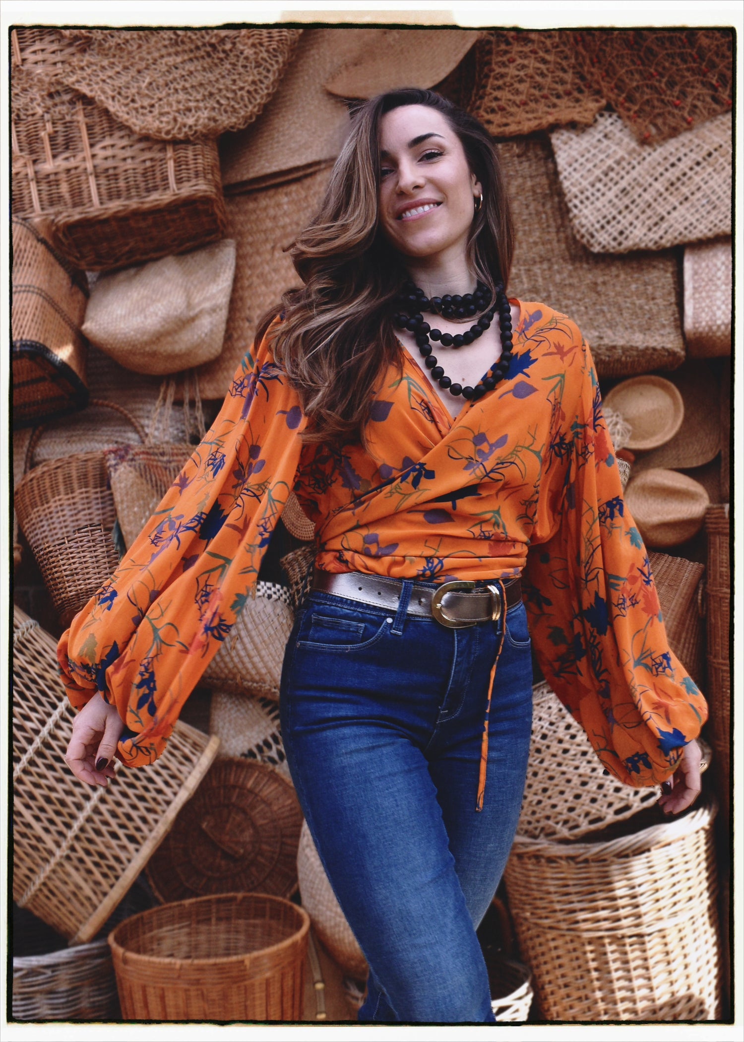 Hoya Silk Crepe Balloon Sleeve Wrap Top ~ Blazing XL