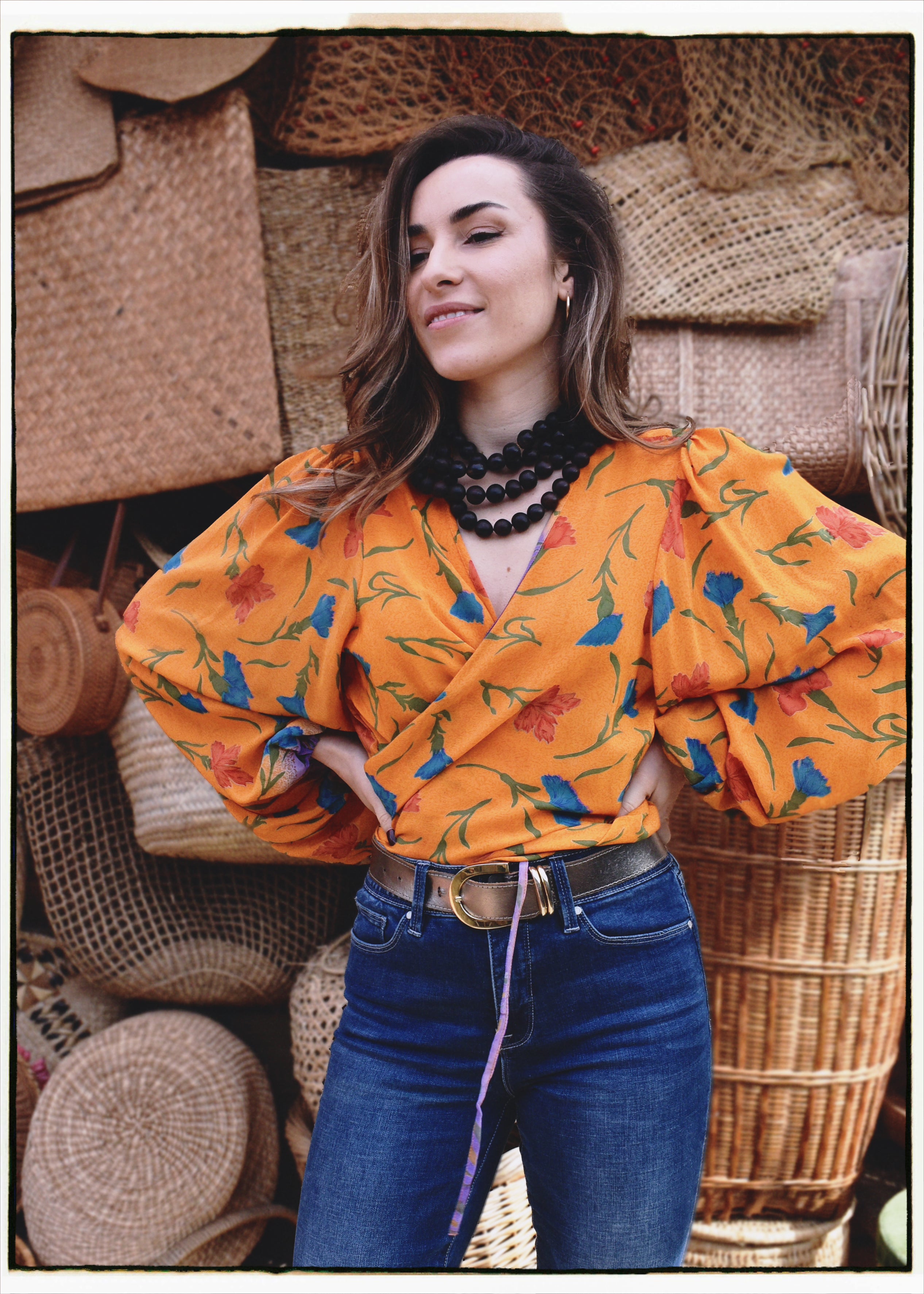 Hoya Silk Crepe Balloon Sleeve Wrap Top ~ Amberglow L
