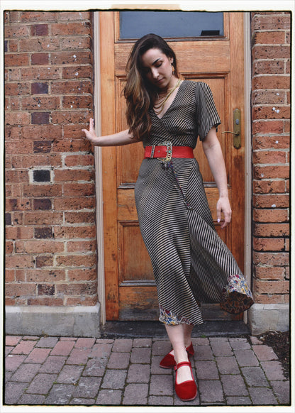 Liatris Silk Crepe Flutter Sleeve Wrap Dress ~ Licorice XS