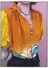 Woman wearing a bohemian style balloon sleeved blouse made from vintage repurposed Indian silk crepe sari in front of a plain background