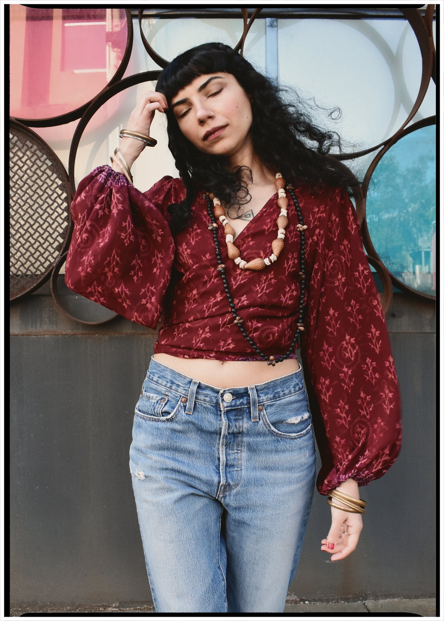 Hoya Silk Crepe Balloon Sleeve Wrap Top ~ Ikat XS