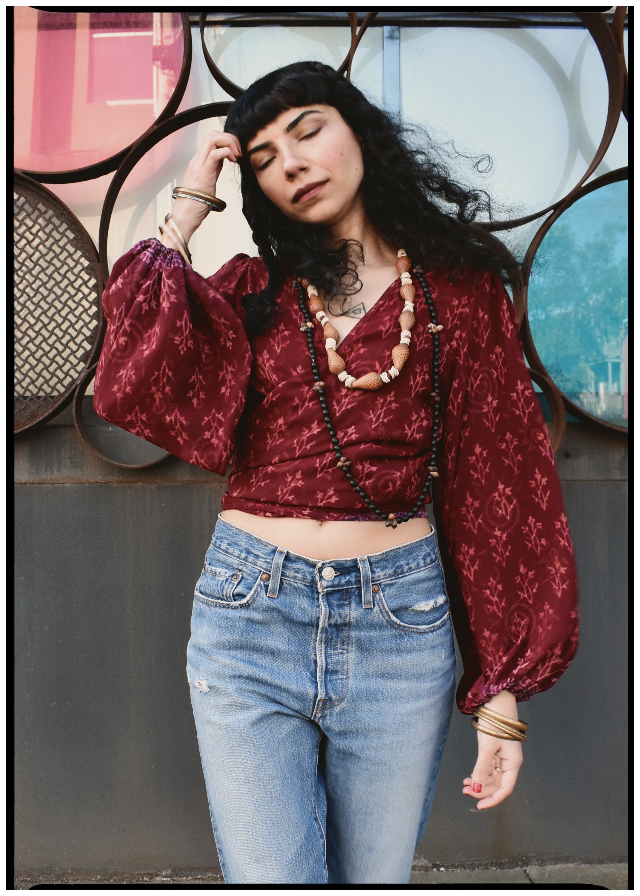 Hoya Silk Crepe Balloon Sleeve Wrap Top ~ Ikat XS