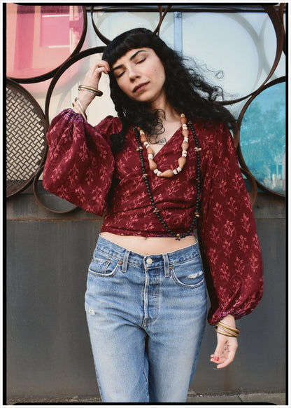 Hoya Silk Crepe Balloon Sleeve Wrap Top ~ Ikat XS