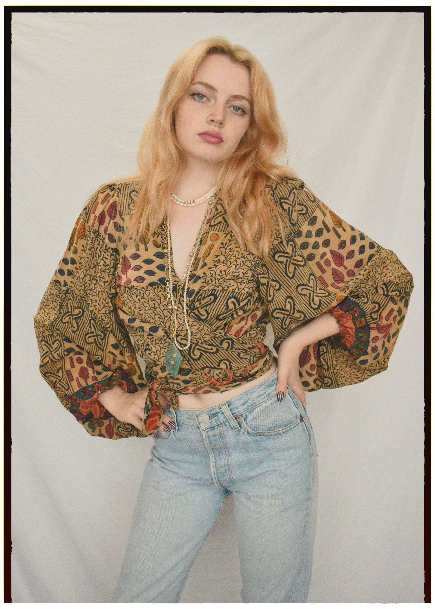 Hoya Silk Crepe Balloon Sleeve Wrap Top ~  Festival L