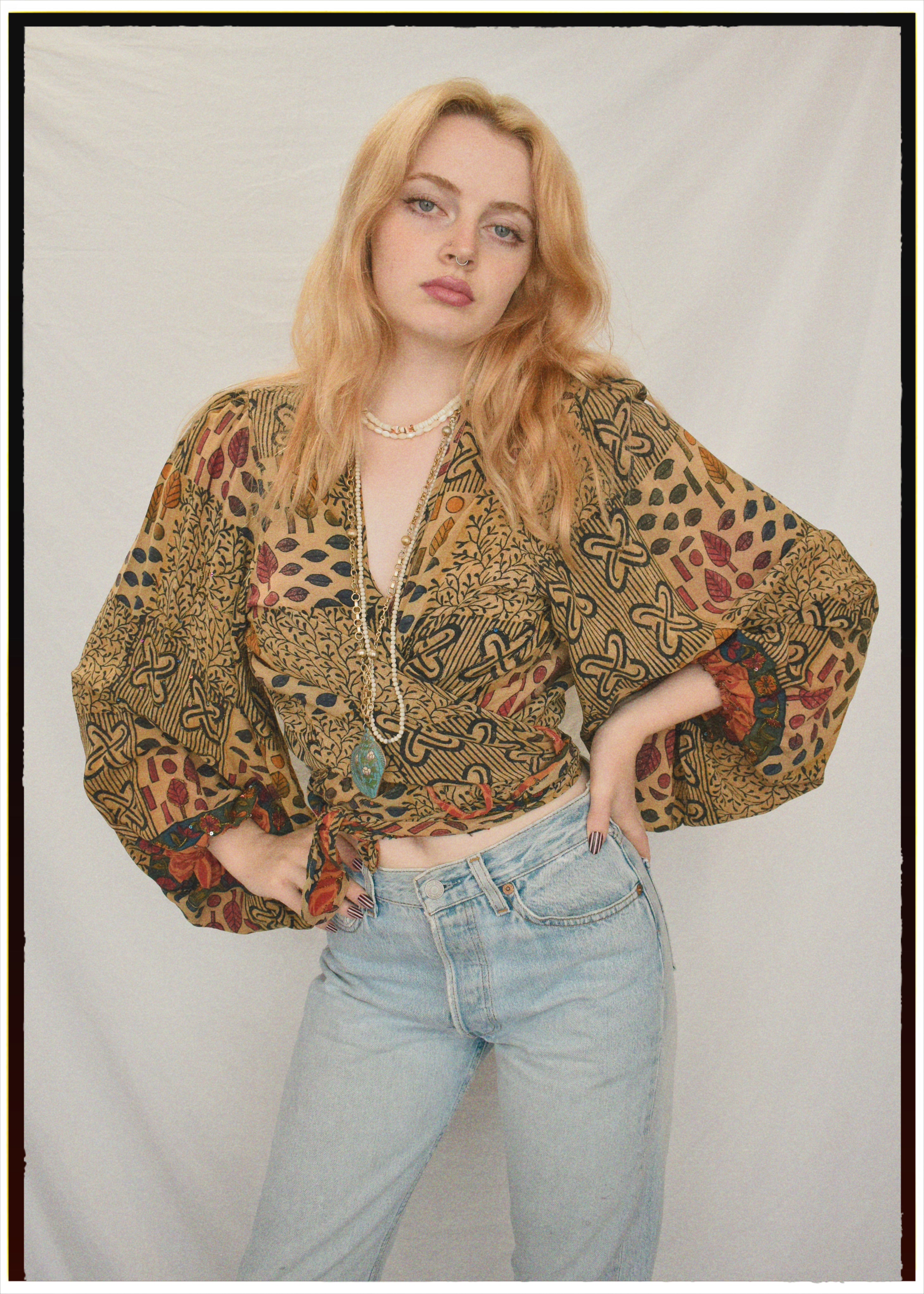 Hoya Silk Crepe Balloon Sleeve Wrap Top ~  Festival L