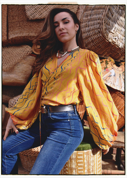 Hoya Silk Crepe Balloon Sleeve Wrap Top ~ Calendula XL