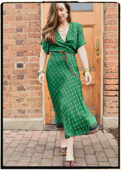 Liatris Silk Crepe Flutter Sleeve Wrap Dress ~ Emerald L