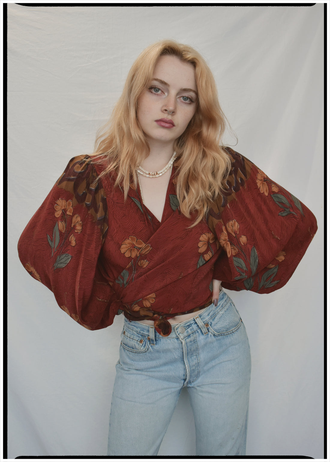 Hoya Silk Crepe Balloon Sleeve Wrap Top ~ Russet XL