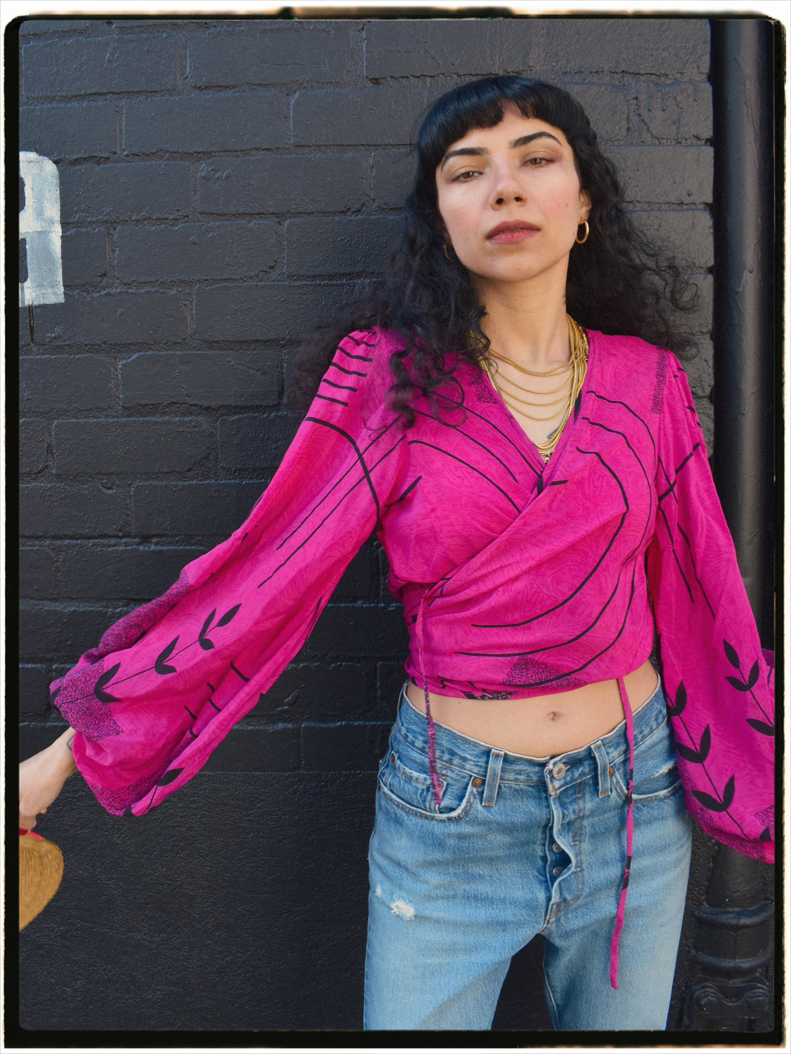 Hoya Silk Crepe Balloon Sleeve Wrap Top ~ Cerise S