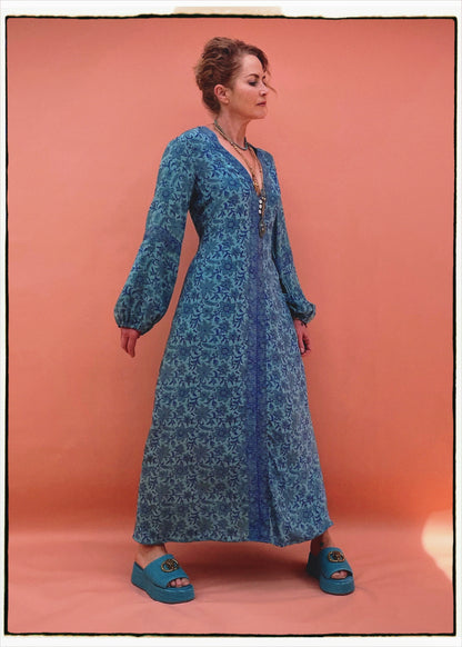 Zea Silk Crepe Kaftan Maxi Dress ~  Pacific XL