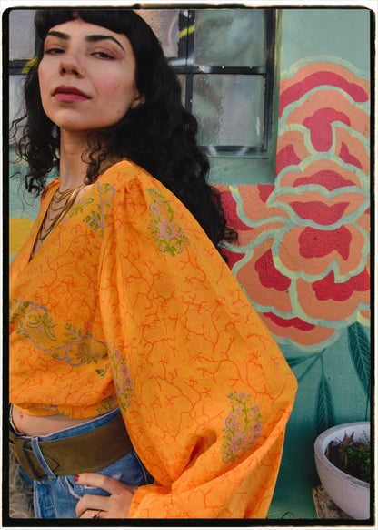 Hoya Silk Crepe Balloon Sleeve Wrap Top ~ Marigold XS