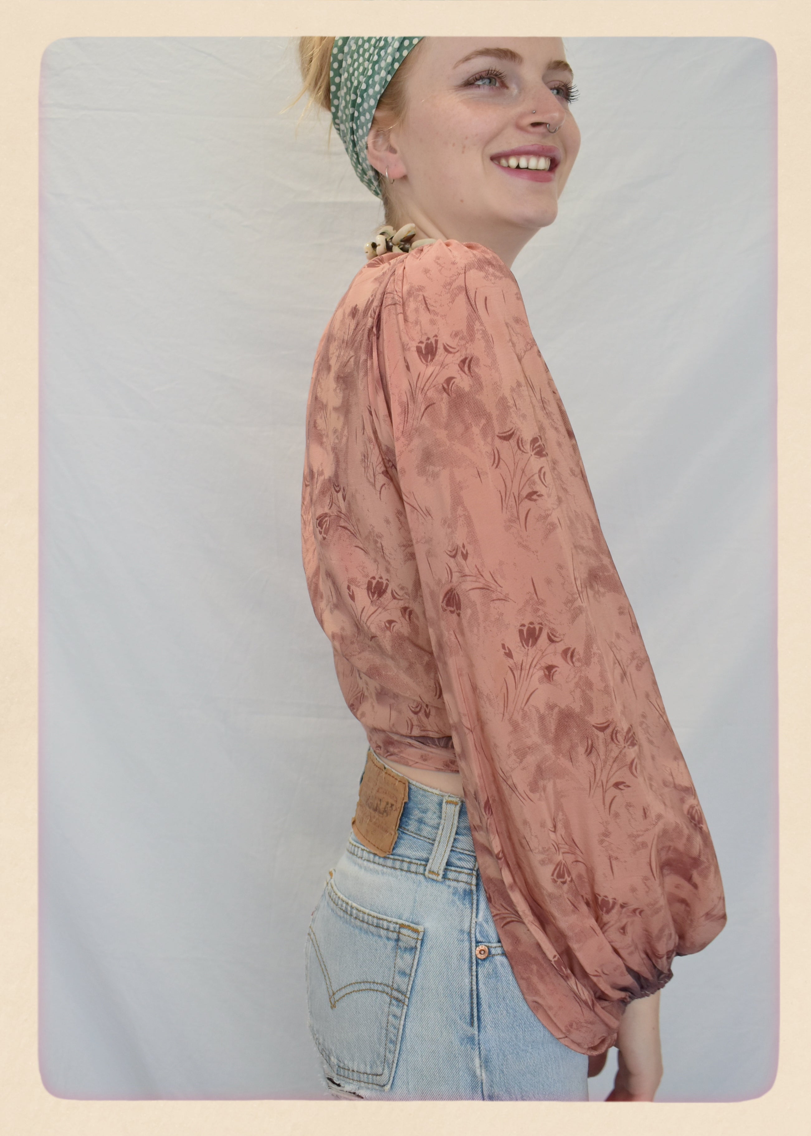 Hoya Silk Crepe Balloon Sleeve Wrap Top ~ Creole S