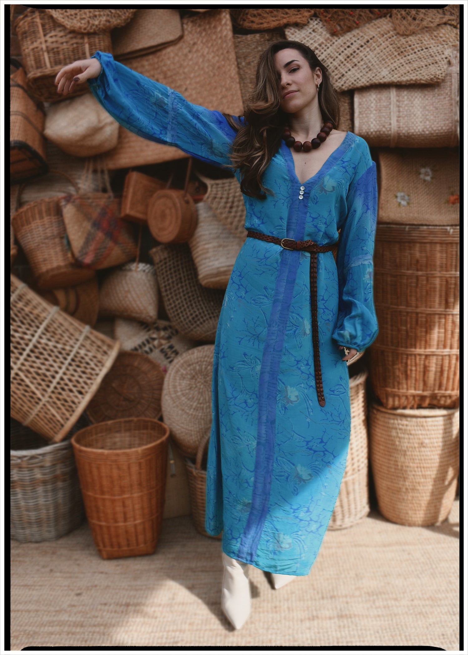 Zea Silk Crepe Kaftan Maxi Dress ~  Aquarius L