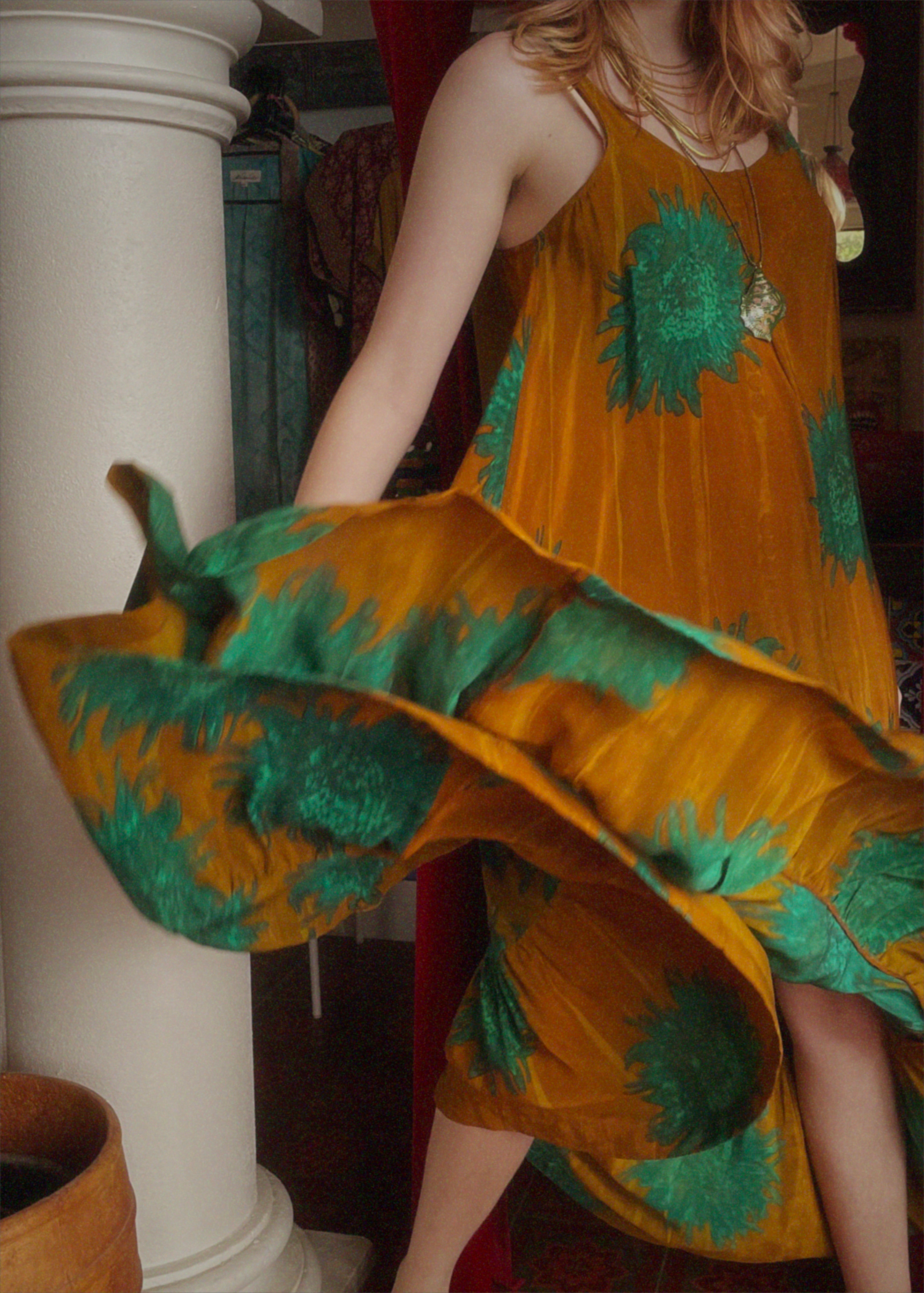 Eustoma Silk Crepe Swing Maxi Dress ~ Tawny M