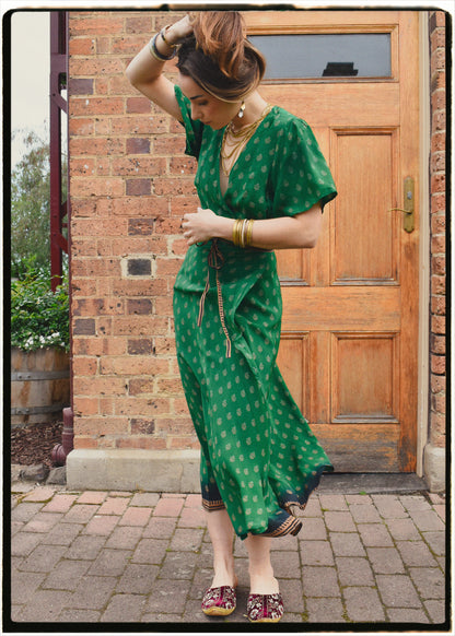 Liatris Silk Crepe Flutter Sleeve Wrap Dress ~ Emerald L