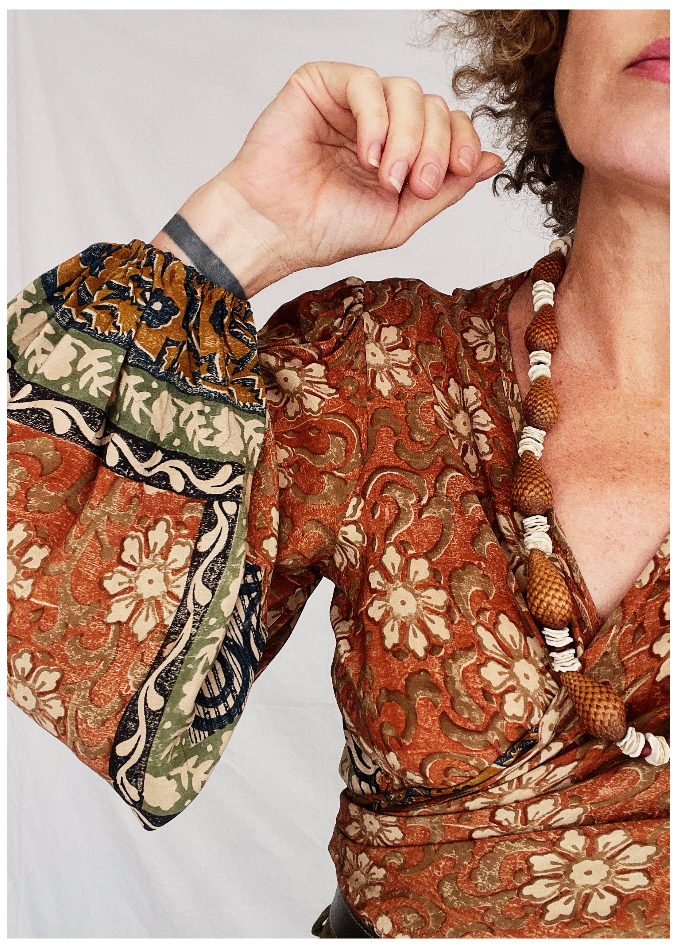 Hoya Silk Crepe Balloon Sleeve Wrap Top ~ Umber S