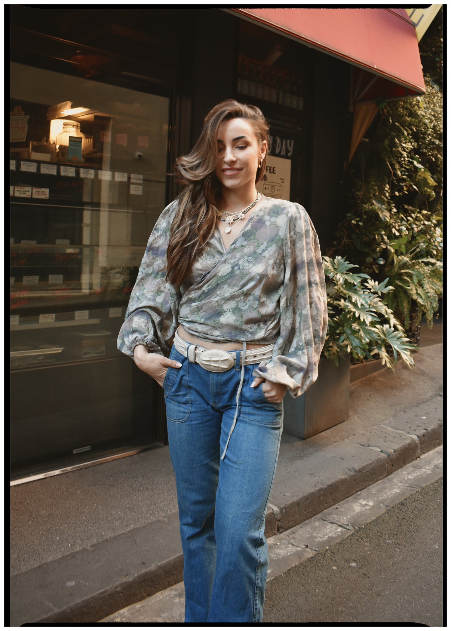 Hoya Silk Crepe Balloon Sleeve Wrap Top ~ Sea Mist M
