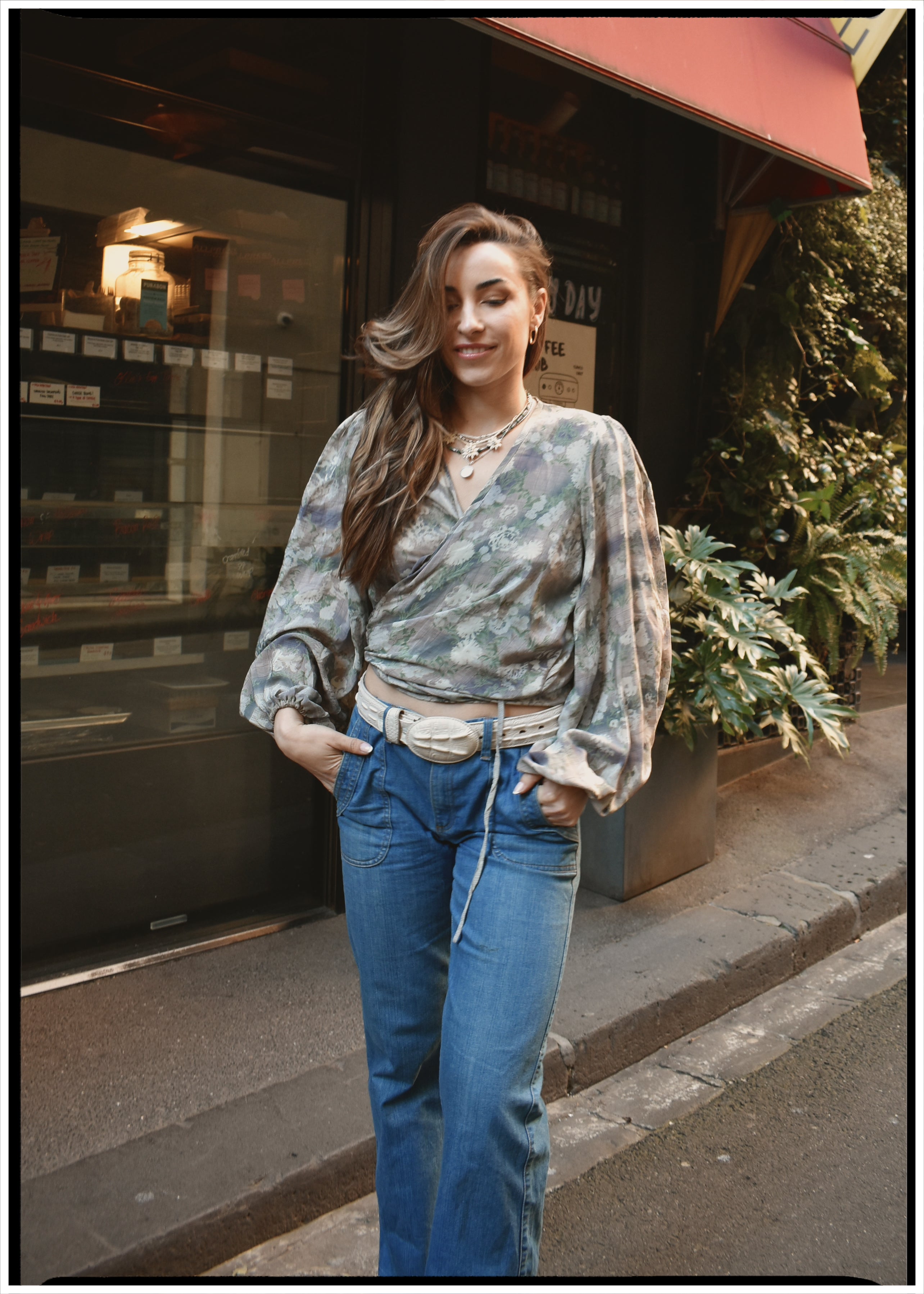 Hoya Silk Crepe Balloon Sleeve Wrap Top ~ Sea Mist M