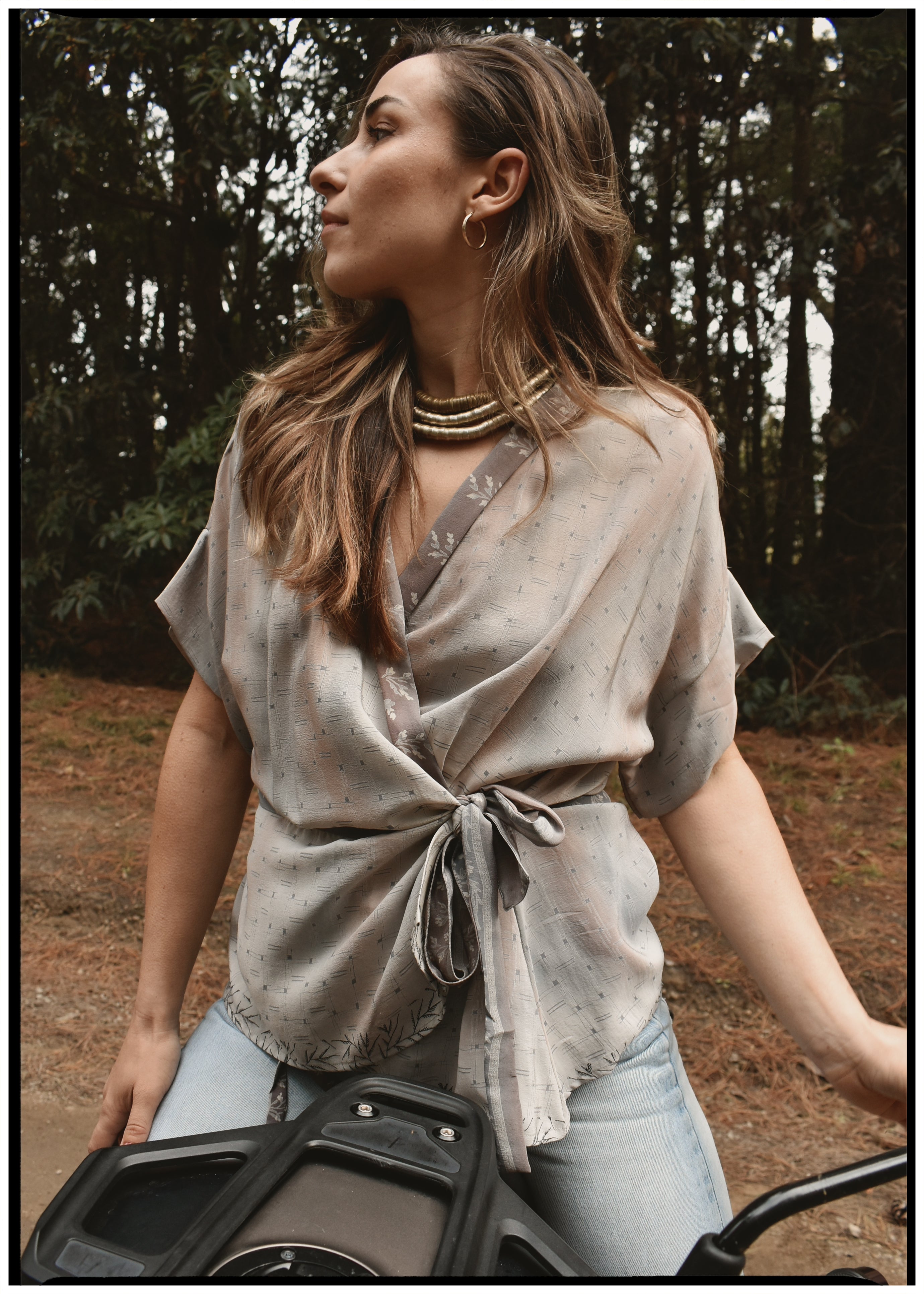 Bassia Silk Crepe Cross Tie Front Blouse ~ Oyster XL