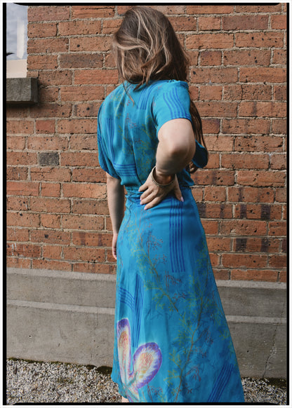 Liatris Silk Crepe Flutter Sleeve Wrap Dress ~ Stellar L
