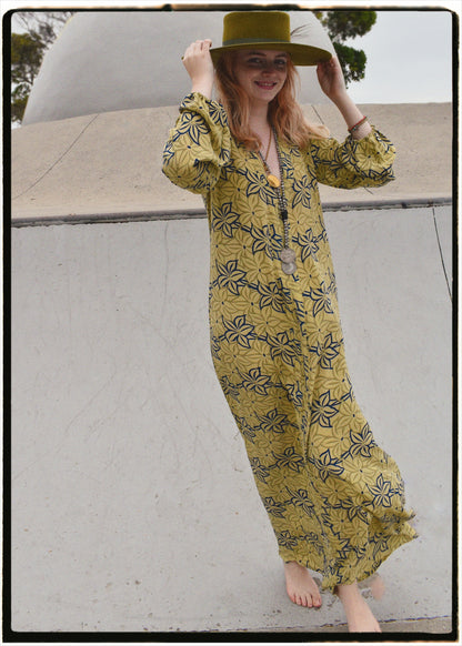 Zea Silk Crepe Kaftan Maxi Dress ~  Palm XS