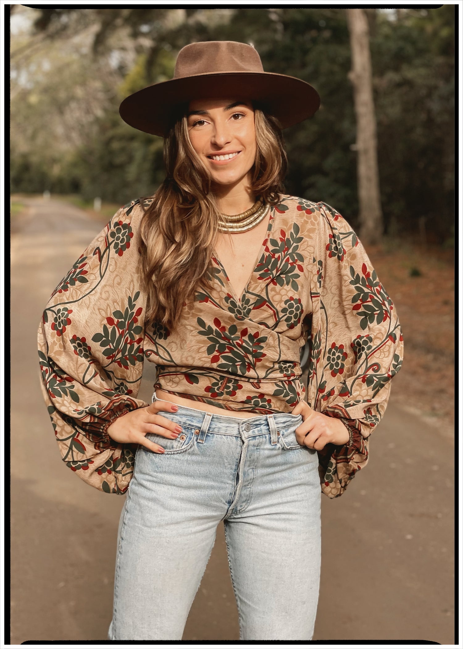 Hoya Silk Crepe Balloon Sleeve Wrap Top ~ Taupe XL