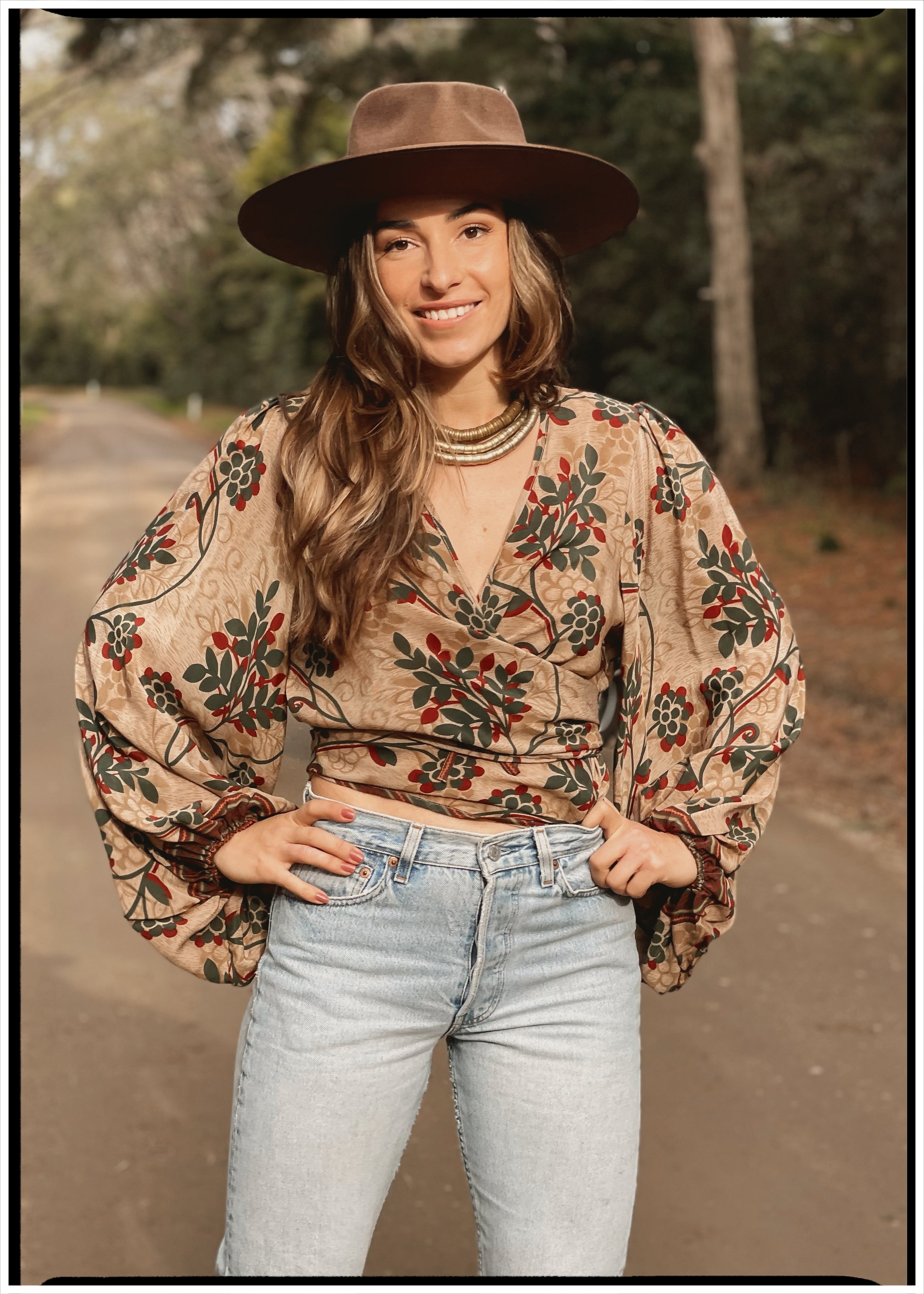 Hoya Silk Crepe Balloon Sleeve Wrap Top ~ Taupe XL