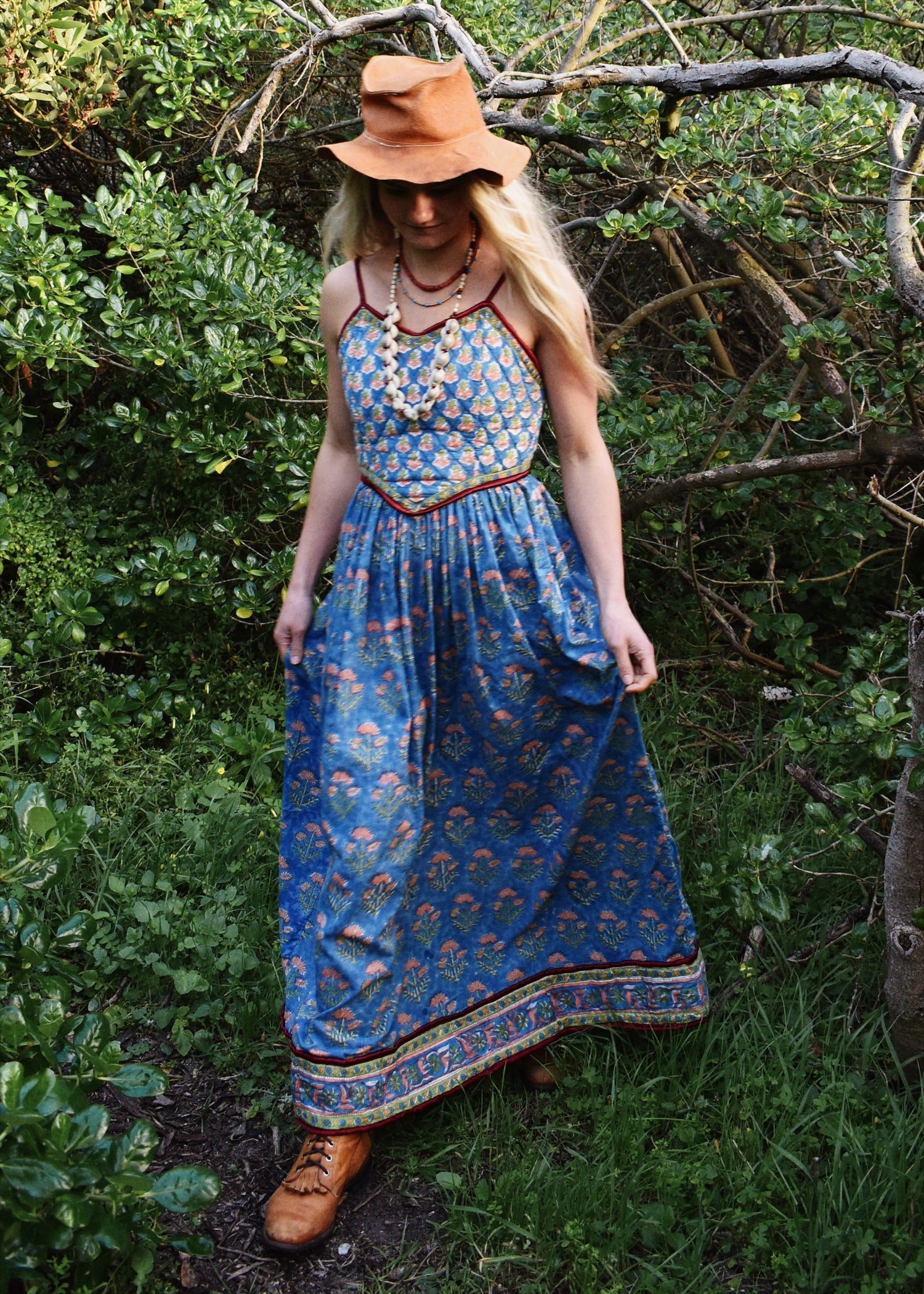 Crepe Myrtle Quilted Hand Block Print Dress~Blue