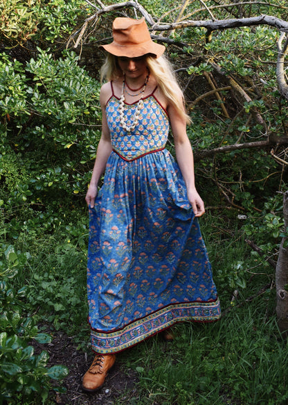 Crepe Myrtle Quilted Hand Block Print Dress~Blue