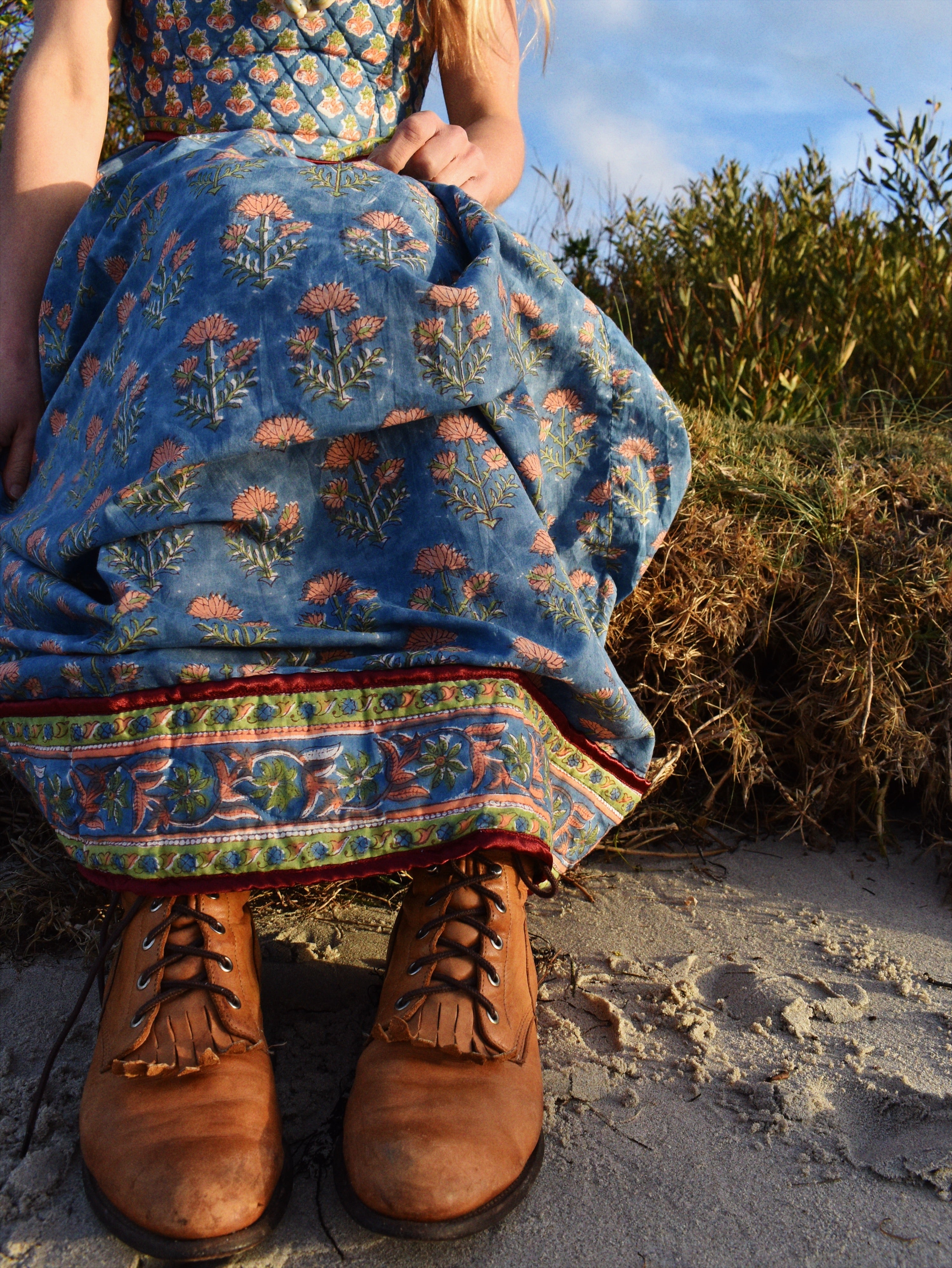 Crepe Myrtle Quilted Hand Block Print Dress~Blue