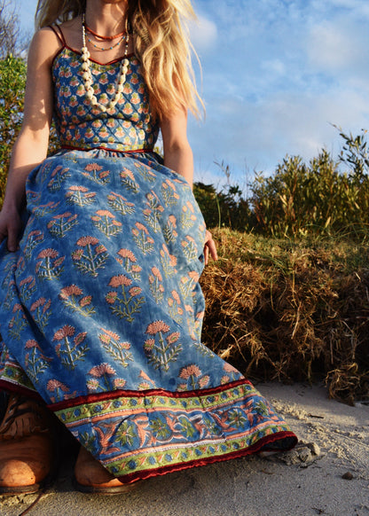 Crepe Myrtle Quilted Hand Block Print Dress~Blue