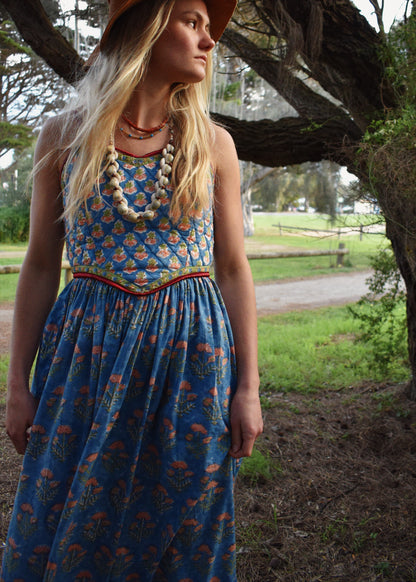 Crepe Myrtle Quilted Hand Block Print Dress~Blue