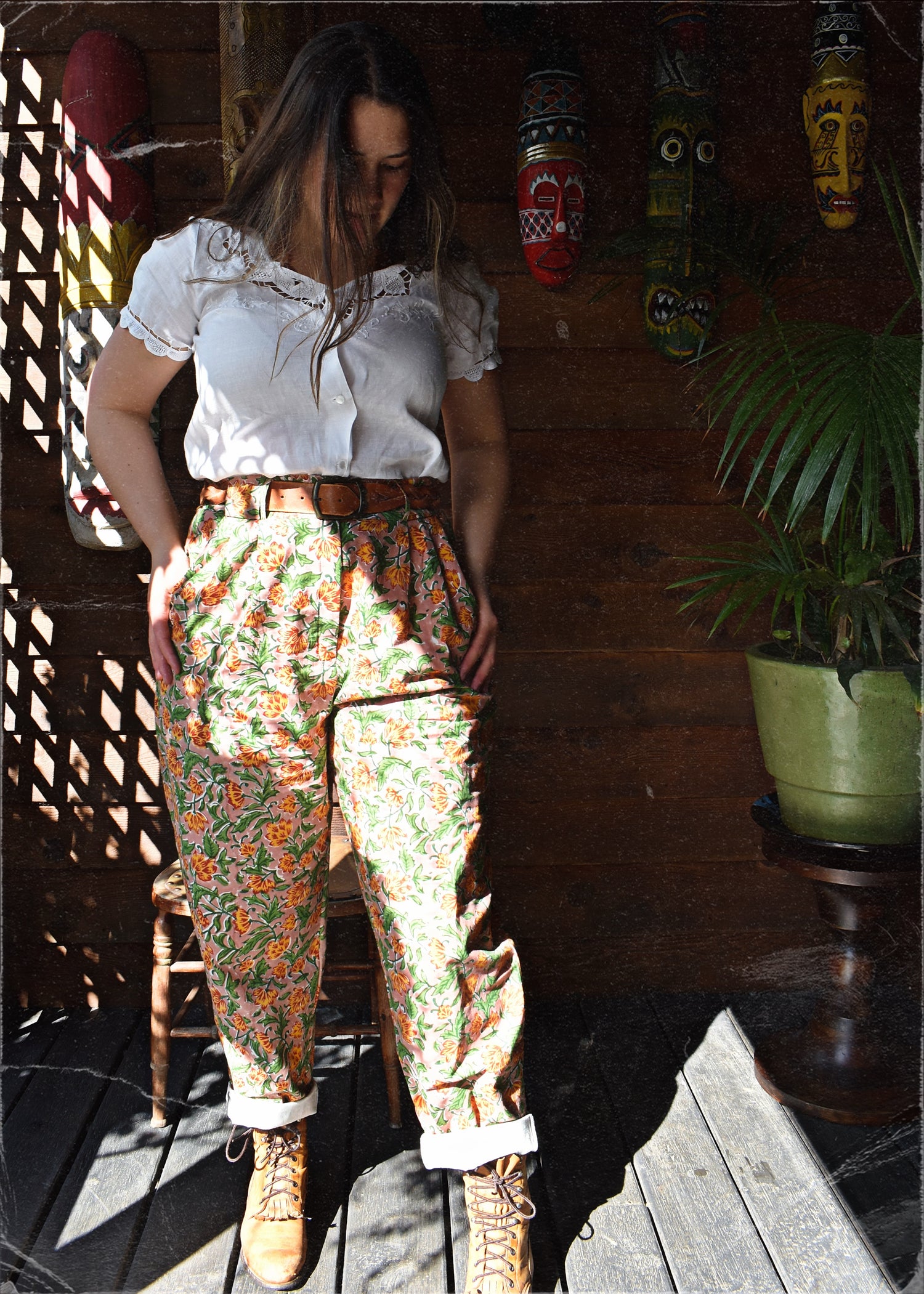 Lavatera Cotton Hand Block-Printed Pants ~ Peach