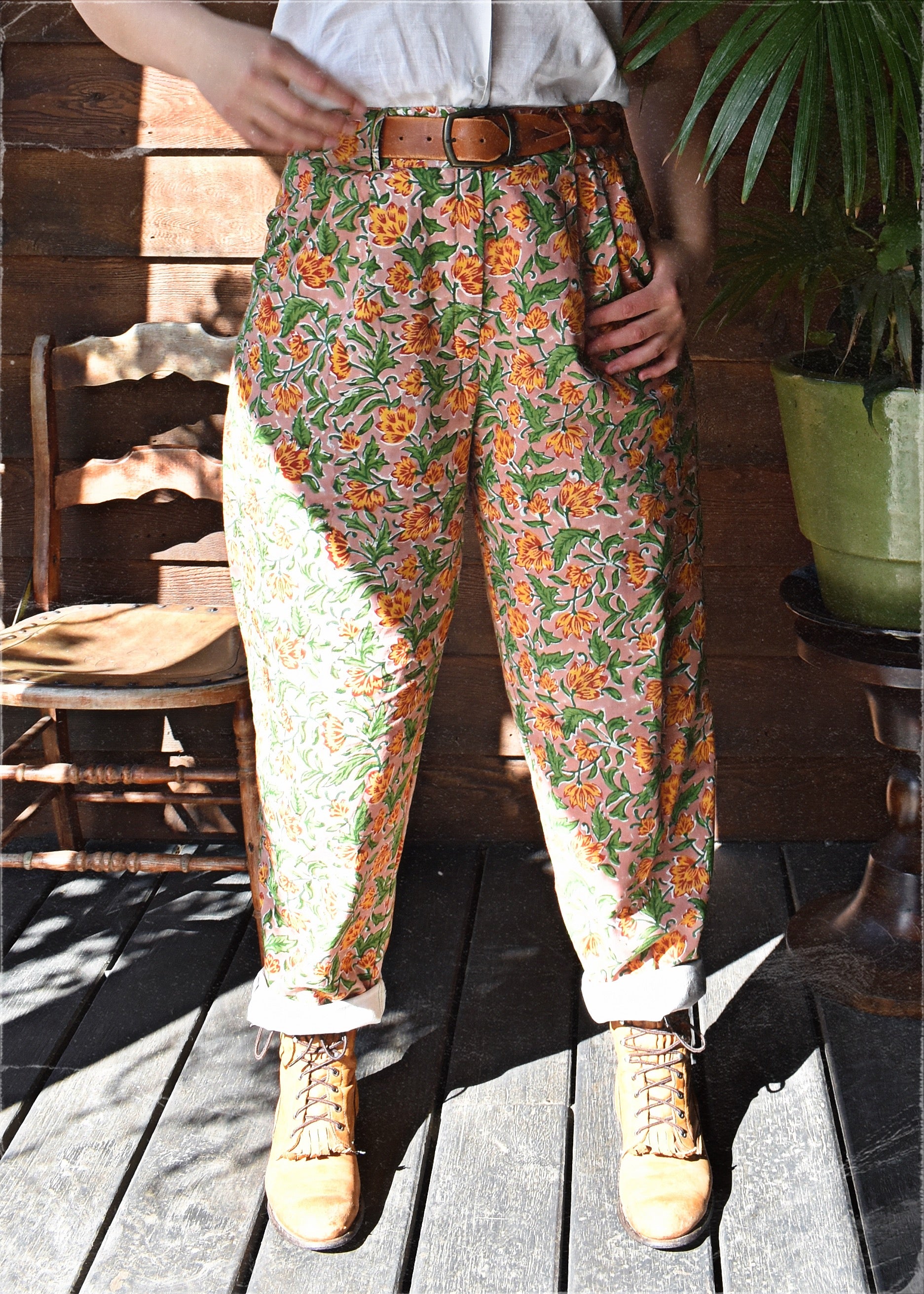 Lavatera Cotton Hand Block-Printed Pants ~ Peach