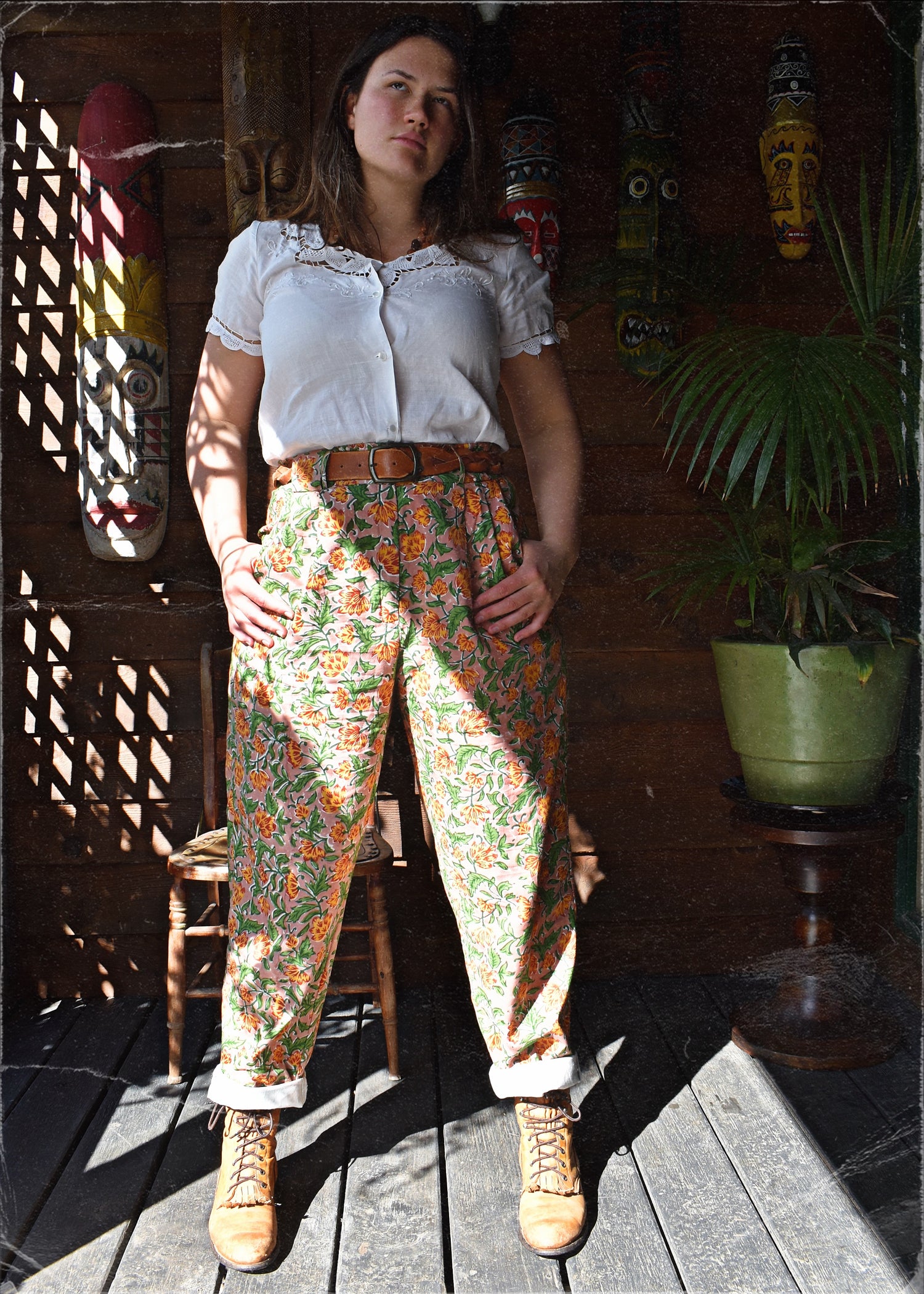 Lavatera Cotton Hand Block-Printed Pants ~ Peach