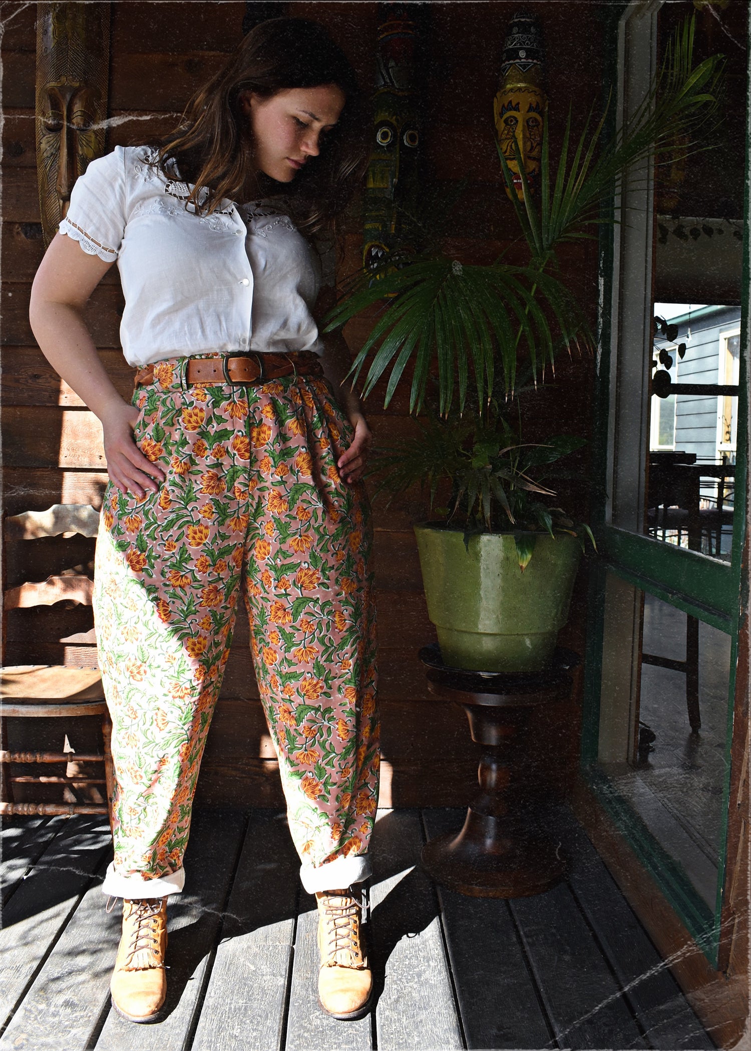 Lavatera Cotton Hand Block-Printed Pants ~ Peach