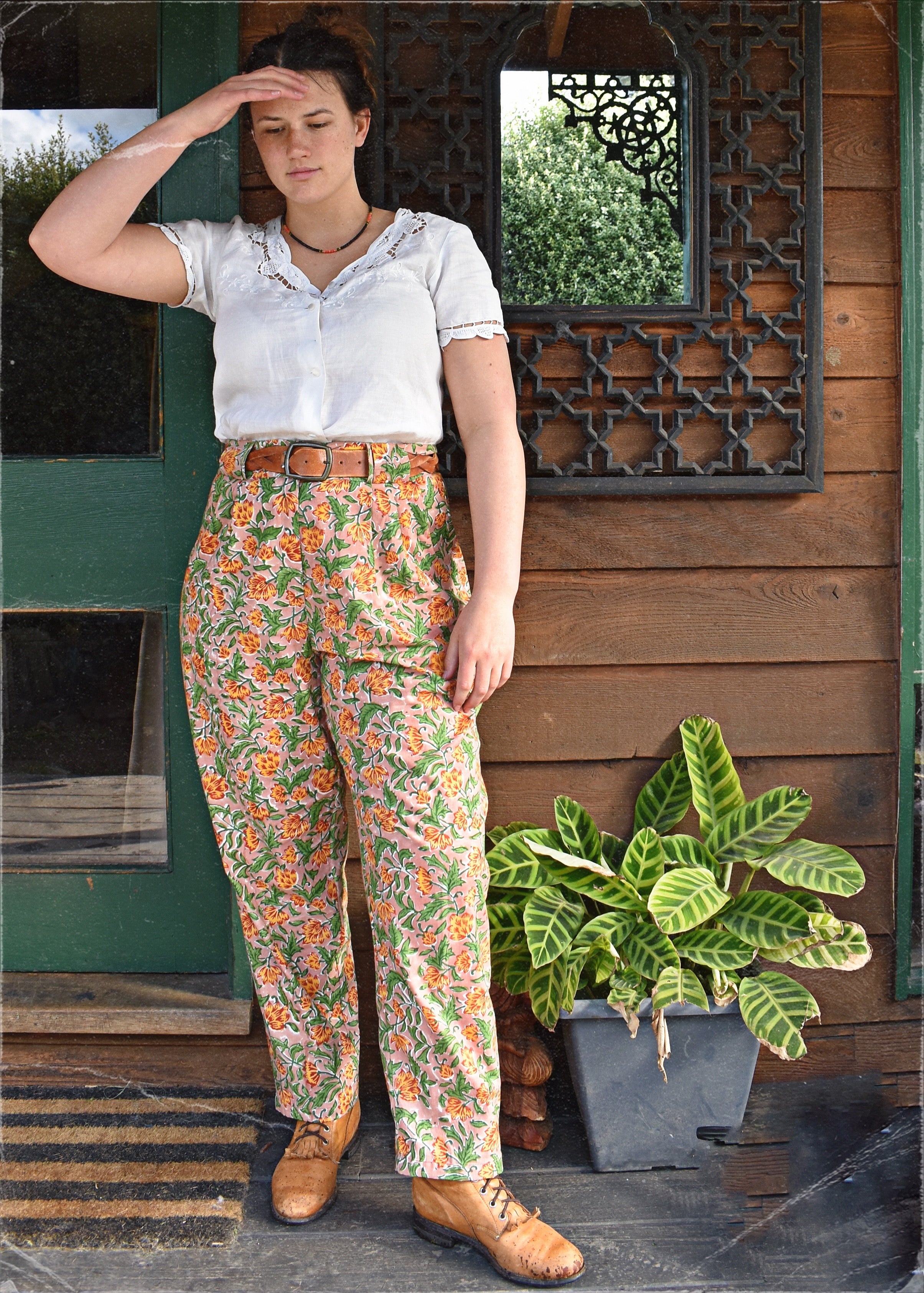 Lavatera Cotton Hand Block-Printed Pants ~ Peach