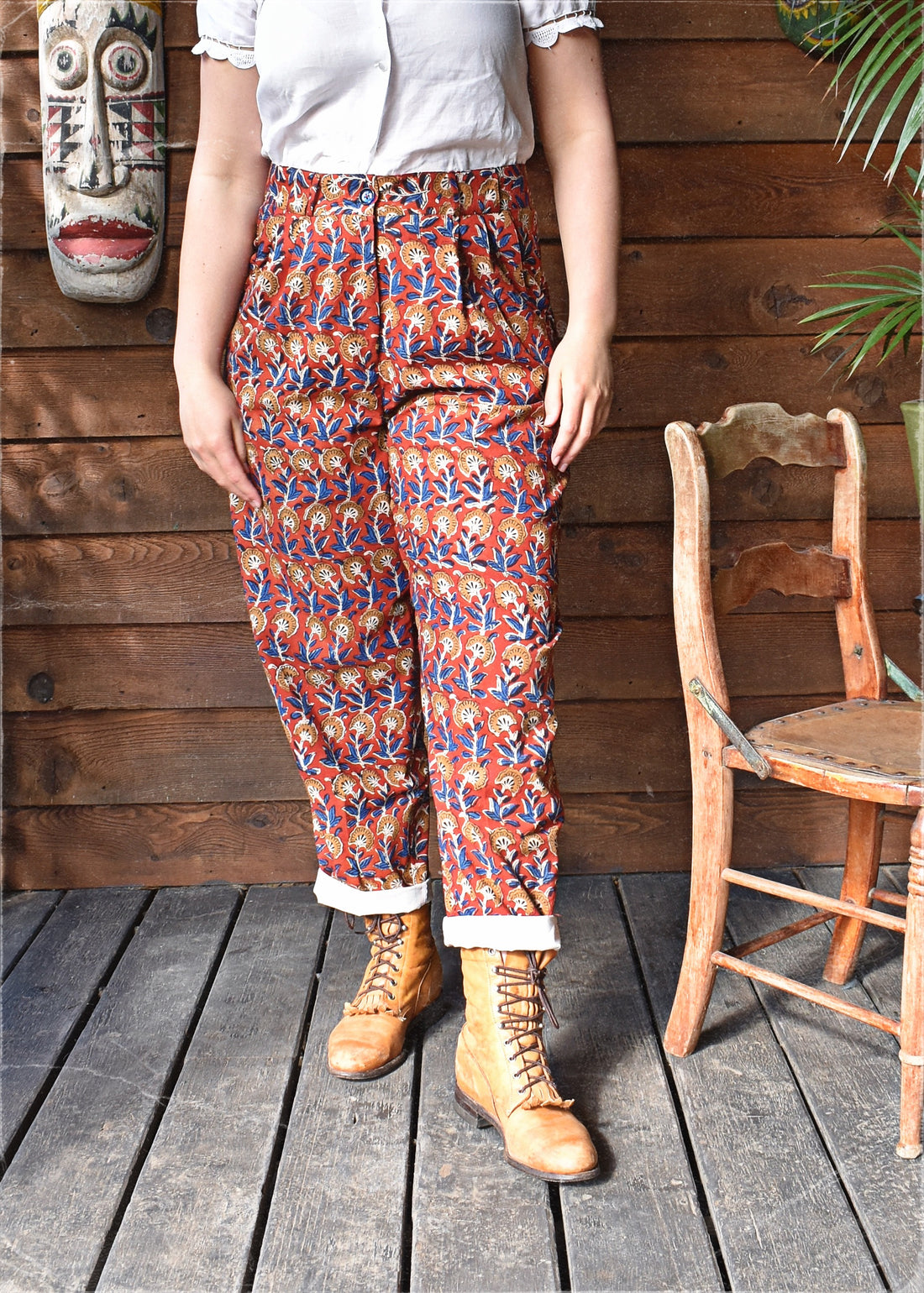 Cotton high-waisted hand block printed fabric bohemian style pants