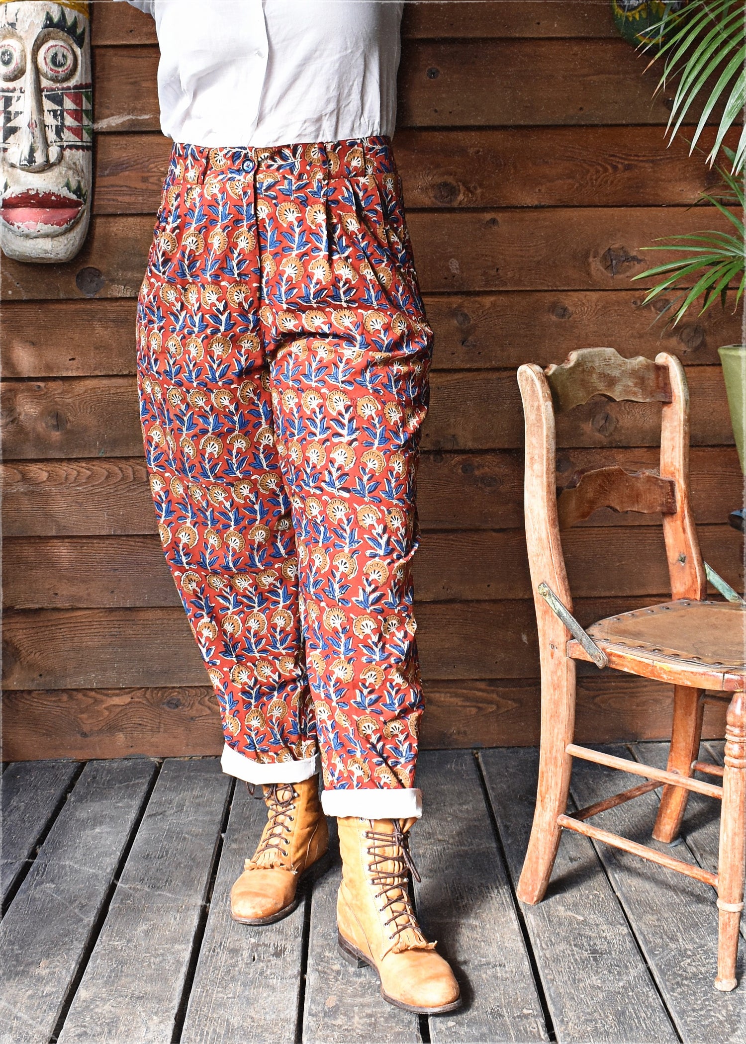 Lavatera Cotton Hand Block-Printed Pants ~ Red