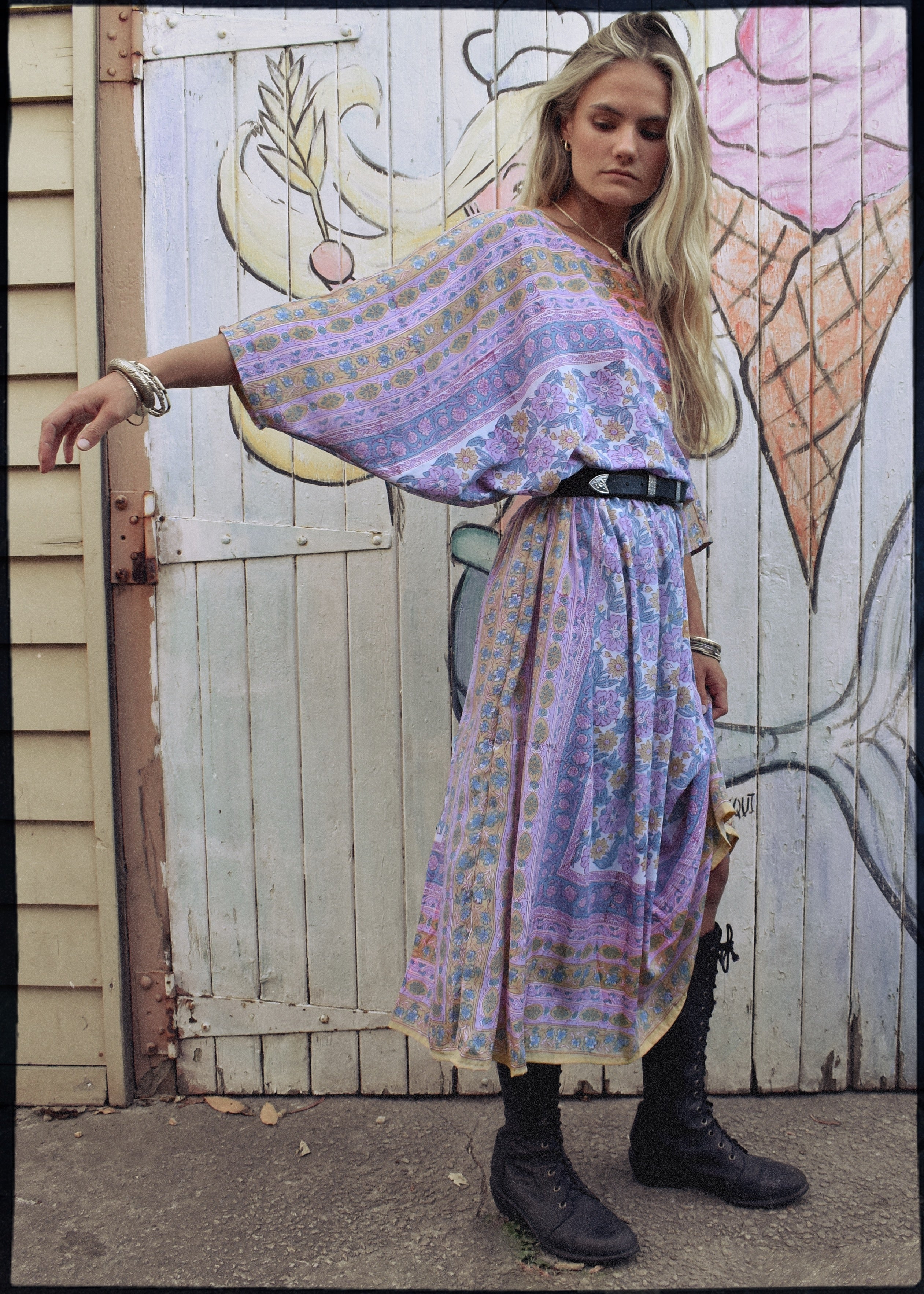 hand block-printed silk kaftan style dress with batwing sleeves, in pastel colours. Vintage Adini, Phool style. Bohemian women&