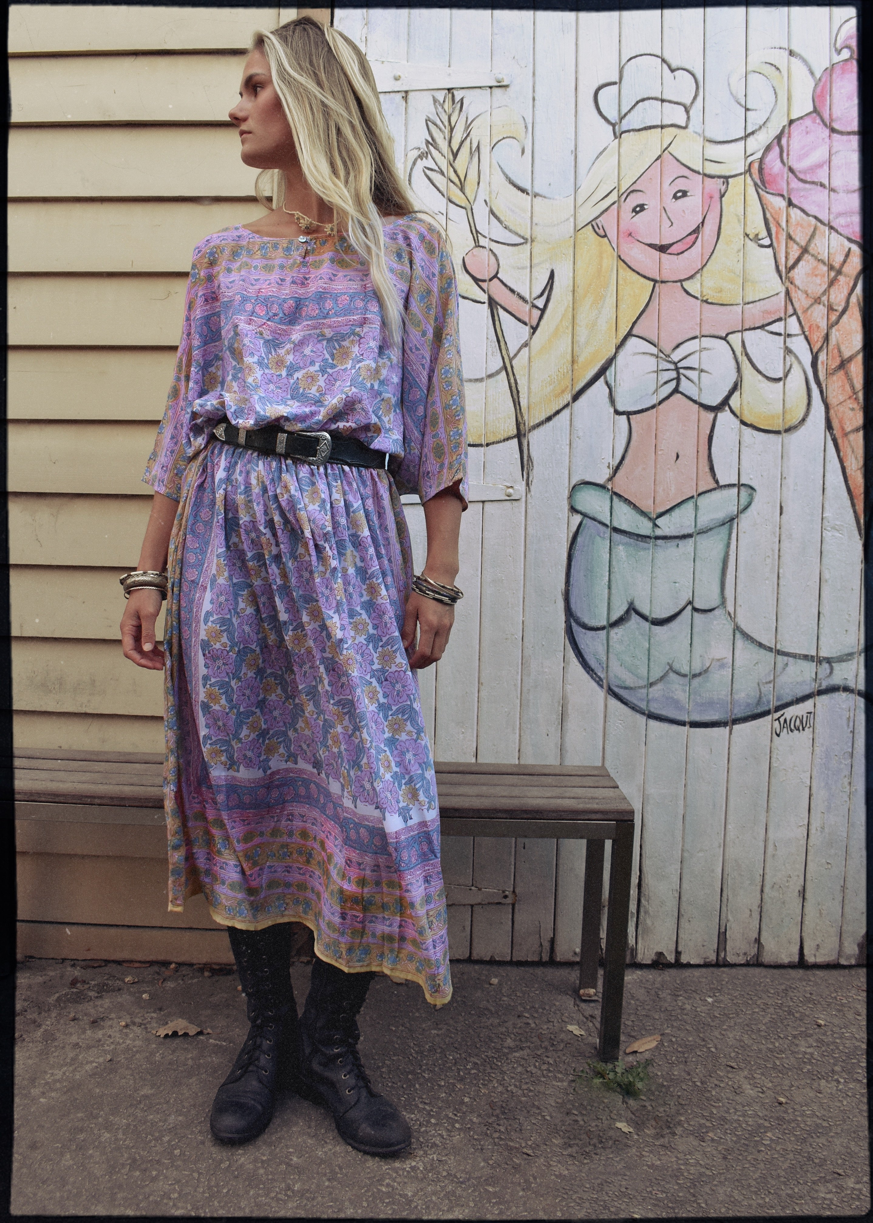 hand block-printed silk kaftan style dress with batwing sleeves, in pastel colours. Vintage Adini, Phool style. Bohemian women&