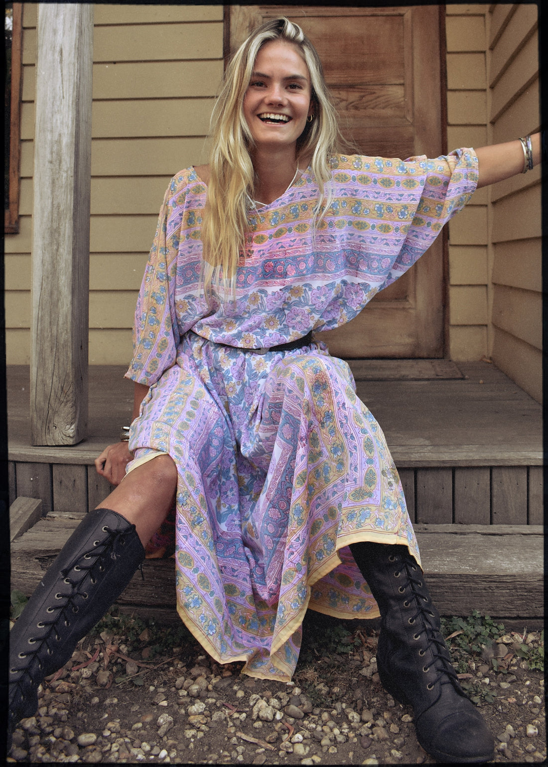 hand block-printed silk kaftan style dress with batwing sleeves, in pastel colours. Vintage Adini, Phool style. Bohemian women&