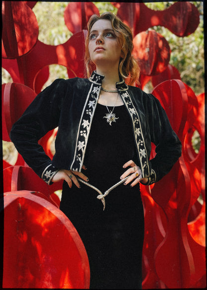 Black cotton velvet cropped jacket with silver leather appliqué detail. Vintage, bohemian inspired. The Outlaw Dame