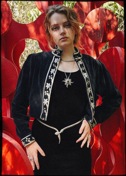 Black cotton velvet cropped jacket with silver leather appliqué detail. Vintage, bohemian inspired. The Outlaw Dame