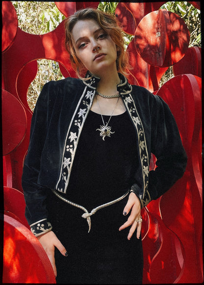 Black cotton velvet cropped jacket with silver leather appliqué detail. Vintage, bohemian inspired. The Outlaw Dame