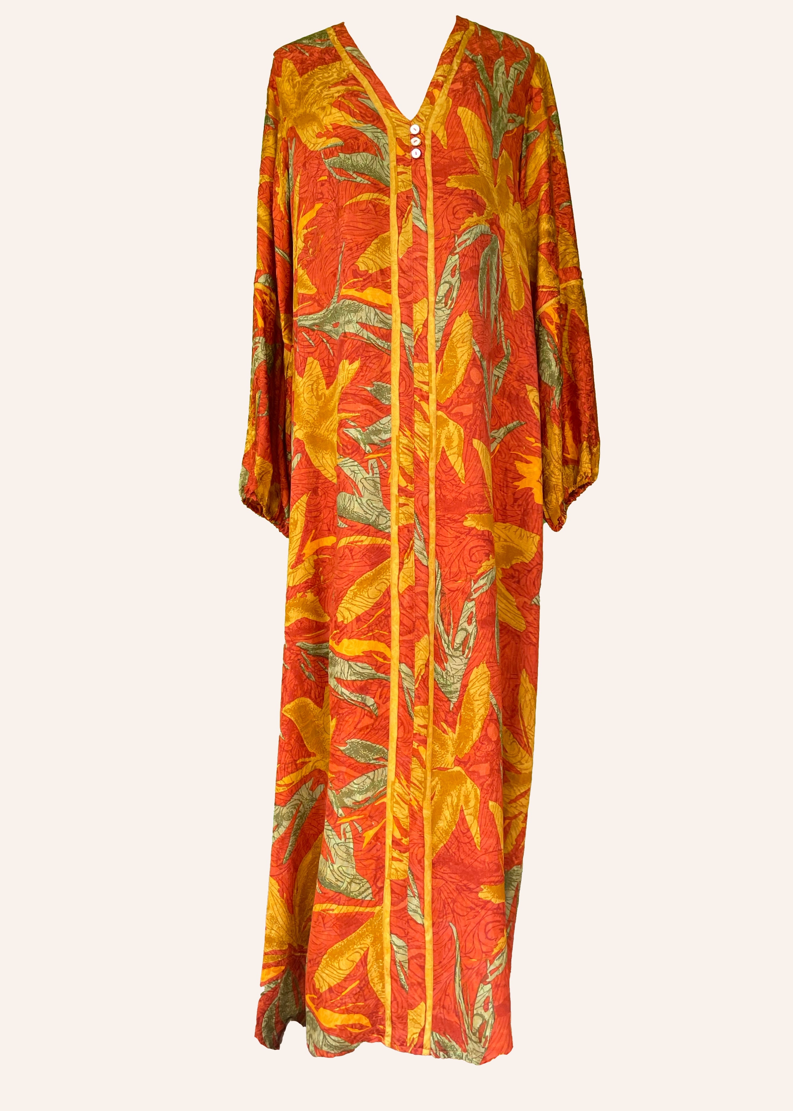 Zea Silk Crepe Kaftan Maxi Dress ~  Tangerine L