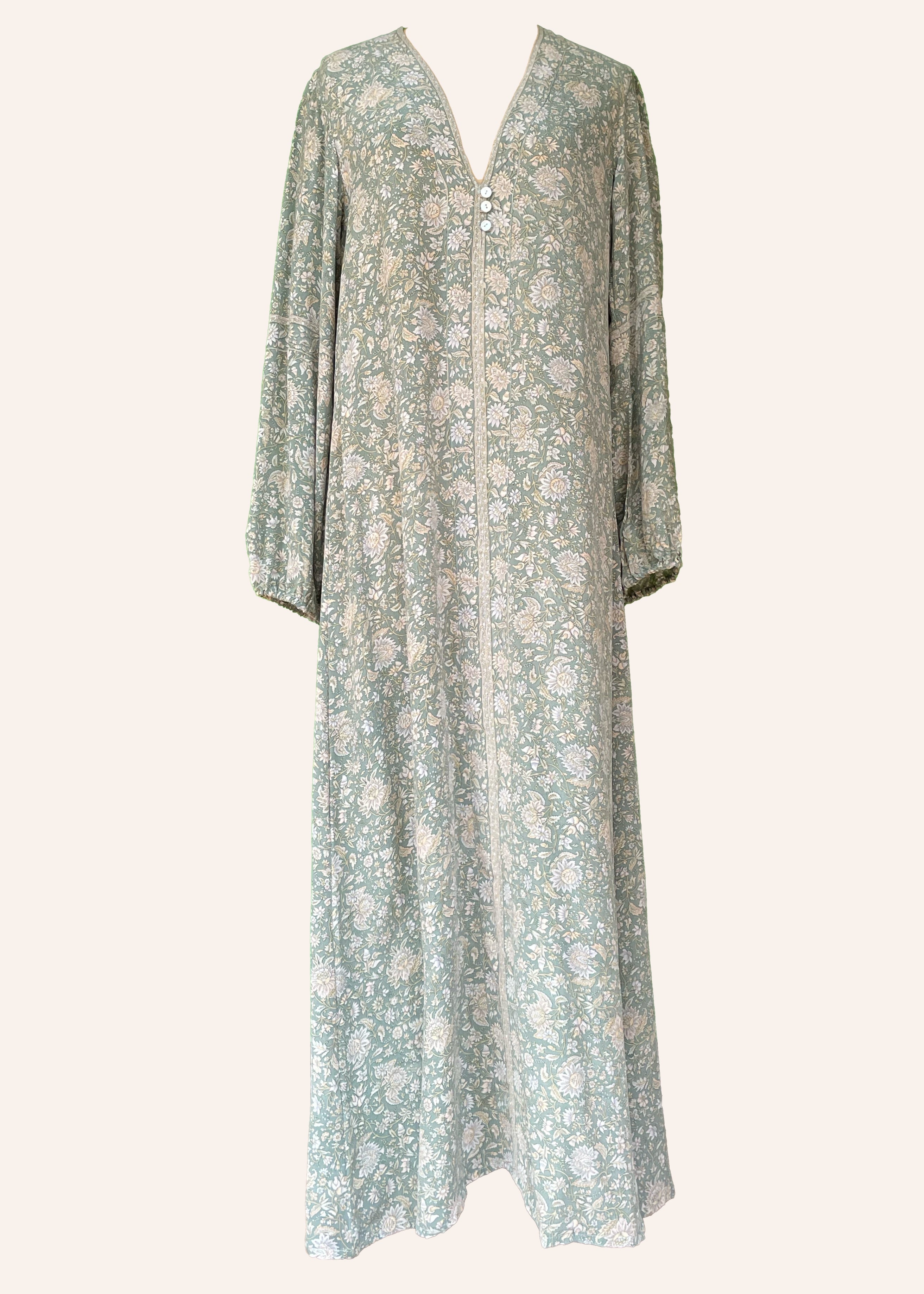 Zea Silk Crepe Kaftan Maxi Dress ~  Sea Mist M