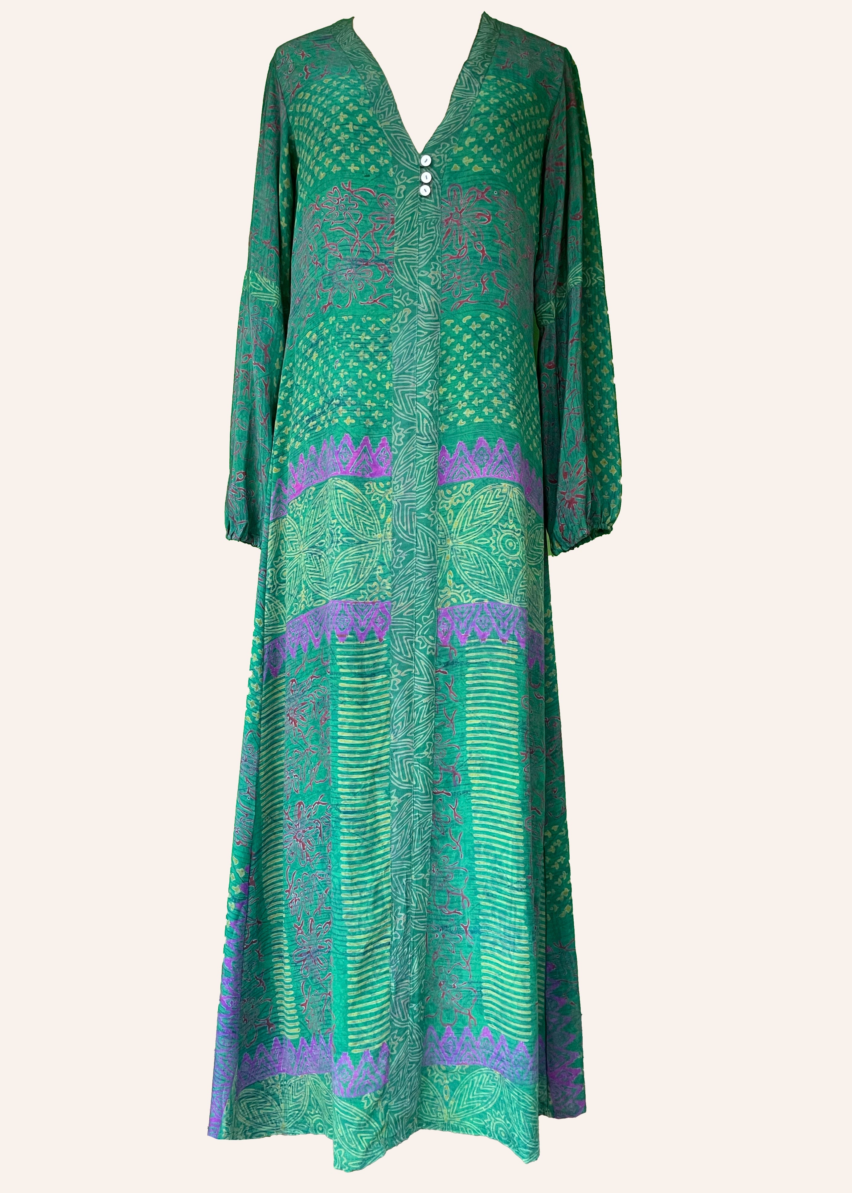 Zea Silk Crepe Kaftan Maxi Dress ~  Emerald XS