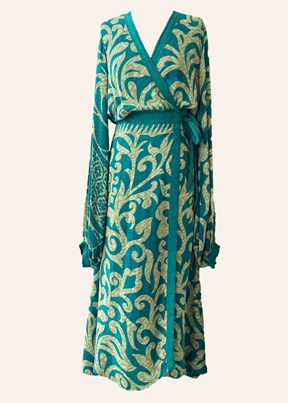 Caladium Wrap Silk Dress ~ Emerald XL
