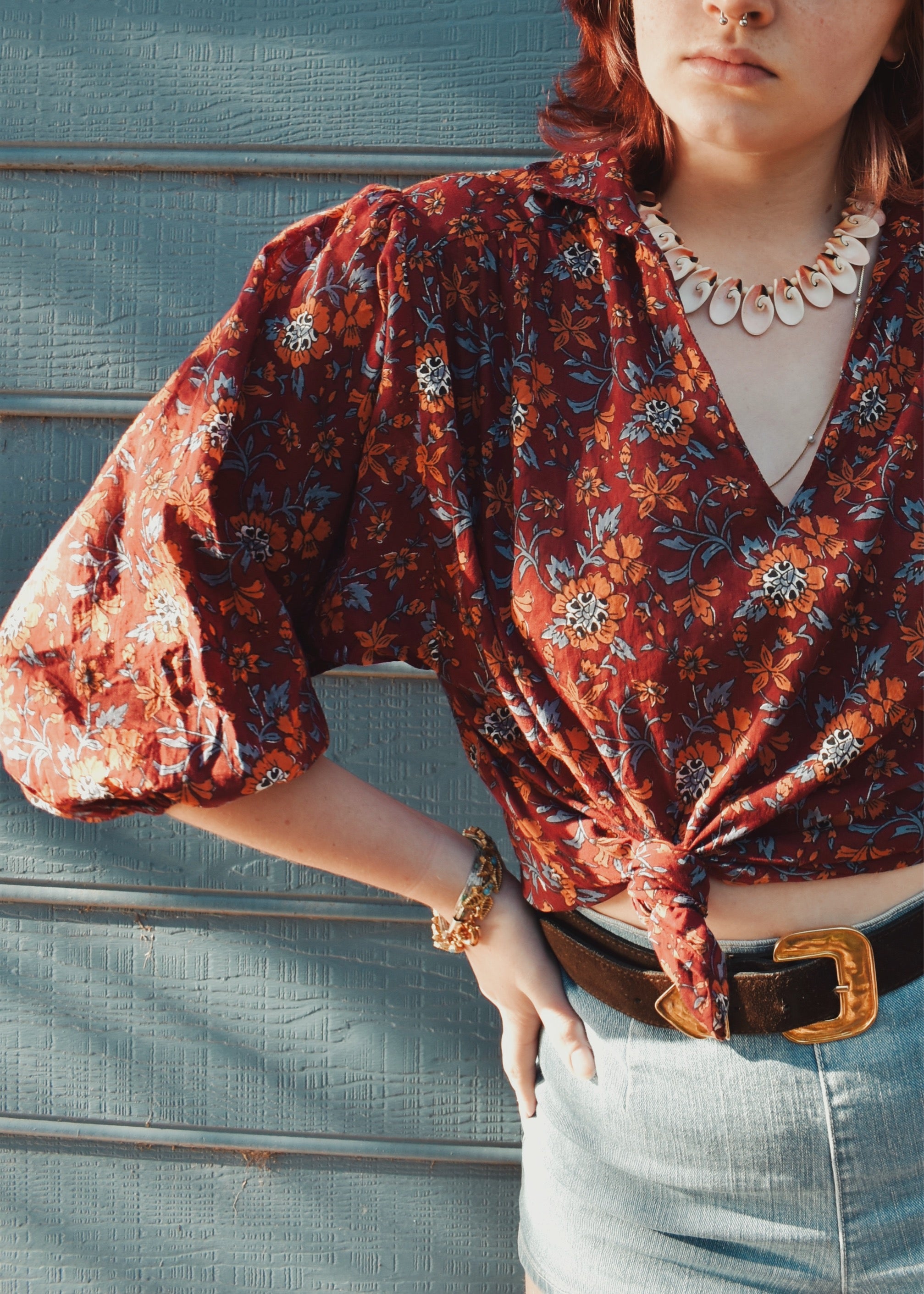 Aster Block-Print Indian Cotton Blouse ~ Plum